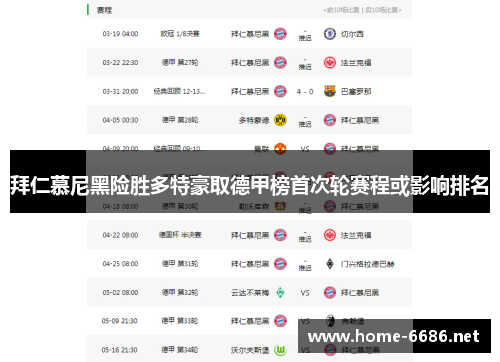 拜仁慕尼黑险胜多特豪取德甲榜首次轮赛程或影响排名